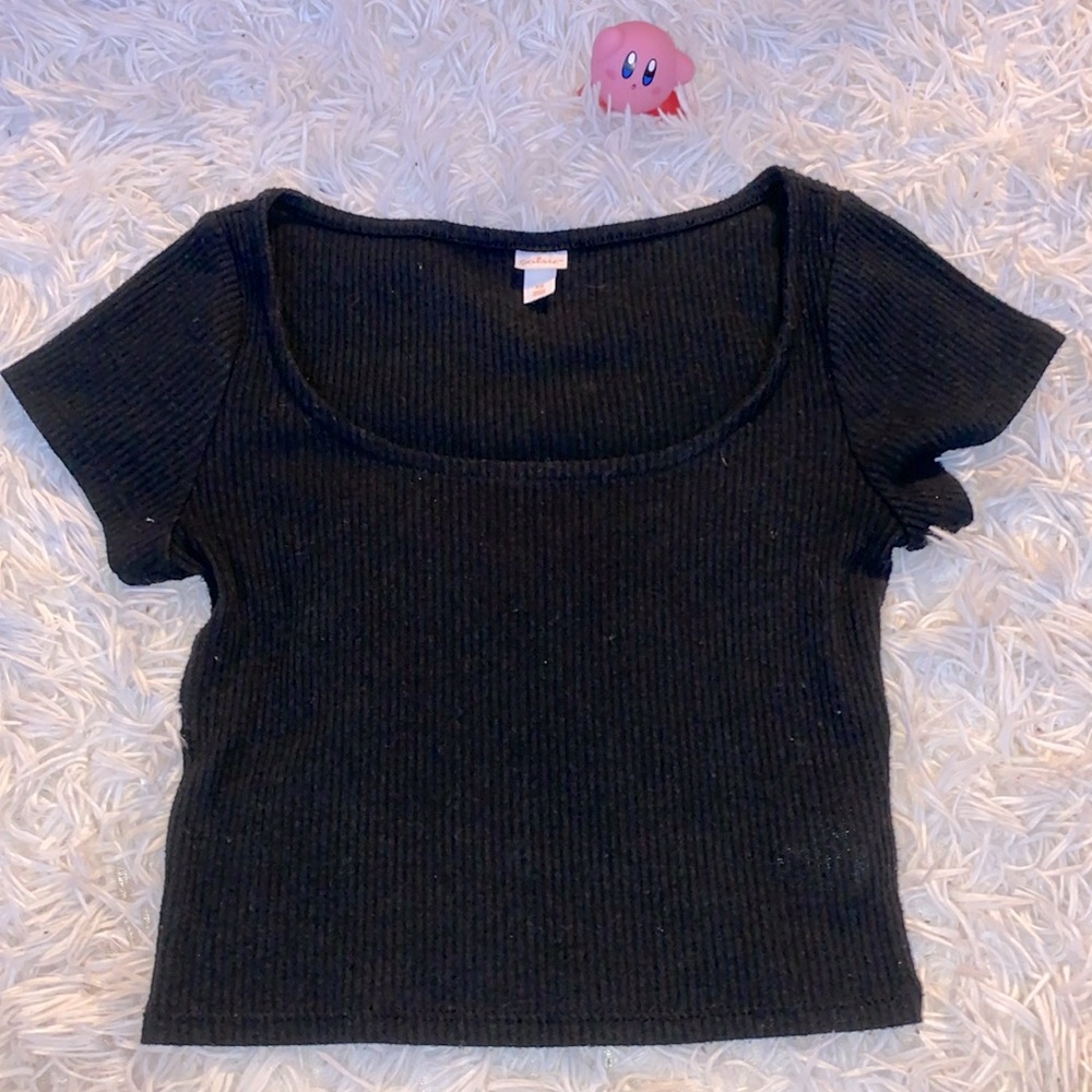 Black, short sleeve, rectangular neck cut!